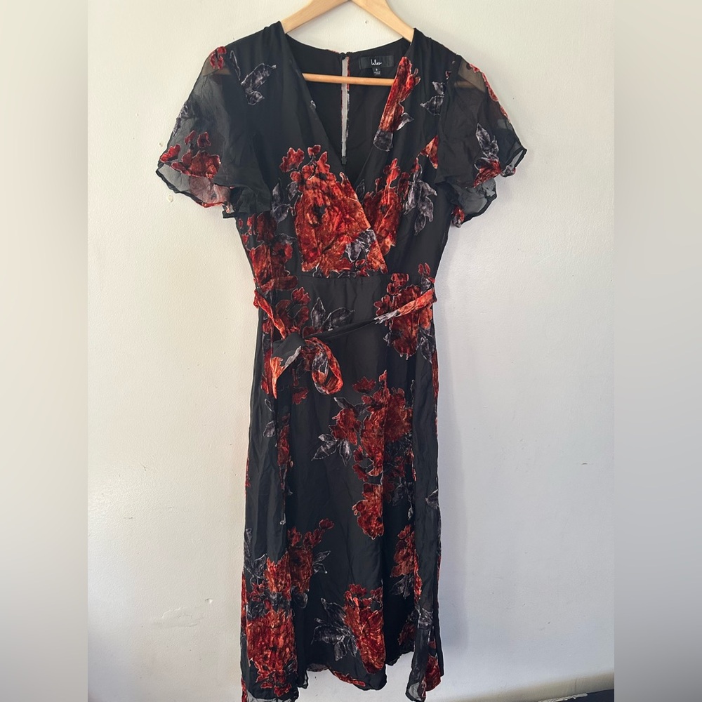 Lulus Sweetest Impression Floral Velvet burnout Tie-Front Midi Dress size S - Picture 3 of 15